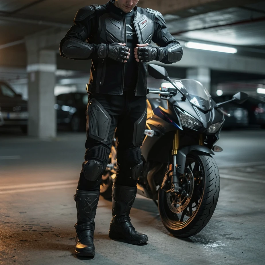 Motard fermant son blouson de moto renforce, gants et bottes, a cote de sa machine