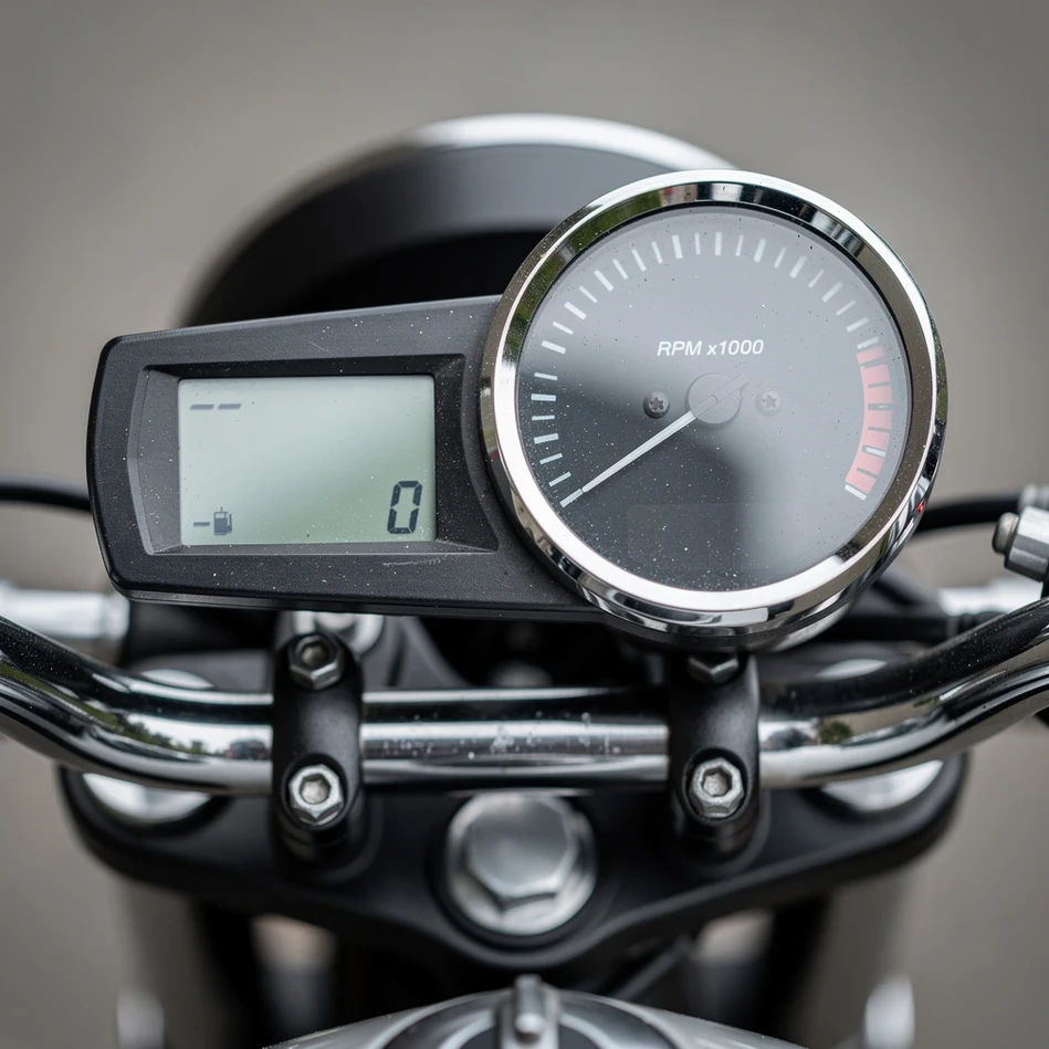 Gros plan du compte-tours analogique et de l'ecran digital d'une moto
