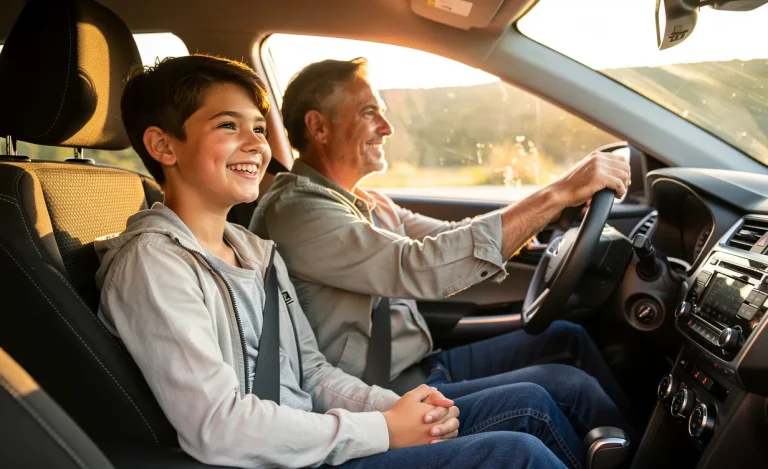 Un adolescent souriant de quinze ans est assis à côté d’un adulte dans une voiture moderne, tous deux attachés et éclairés par la lumière du soleil.