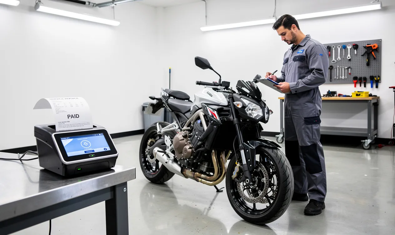 Un mécanicien examine une moto stationnée dans un garage moderne, avec un terminal de paiement et un reçu posés sur un établi à proximité.