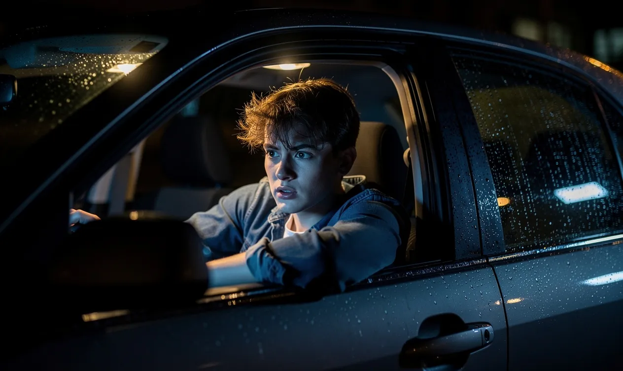 Un jeune conducteur inquiet est assis seul dans une voiture faiblement éclairée de nuit, regardant par une fenêtre entrouverte ornée de gouttes de pluie, avec une lueur d’espoir venant de l’extérieur.