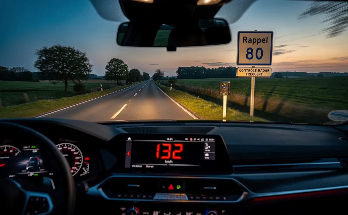 Une voiture moderne roule légèrement au-dessus de la limite de vitesse sur une route rurale française, avec son tableau de bord affichant la vitesse en rouge, un radar et un panneau de signalisation visibles au loin.