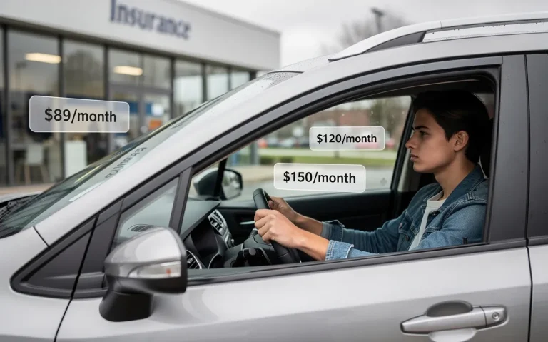 Un jeune conducteur tient le volant d’une voiture citadine stationnée près d’un bureau d’assurance, avec des étiquettes de prix flottant autour du véhicule.
