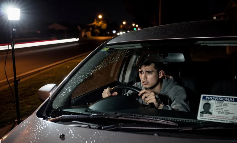 Un jeune conducteur inquiet est assis dans une petite voiture arrêtée au bord de la route de nuit, éclairé par un flash de radar avec son permis probatoire visible.