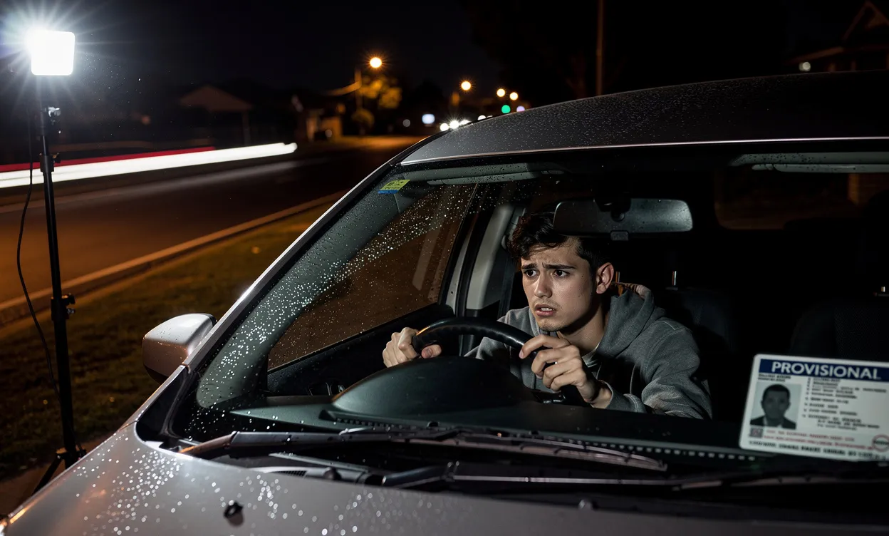 Un jeune conducteur inquiet est assis dans une petite voiture arrêtée au bord de la route de nuit, éclairé par un flash de radar avec son permis probatoire visible.