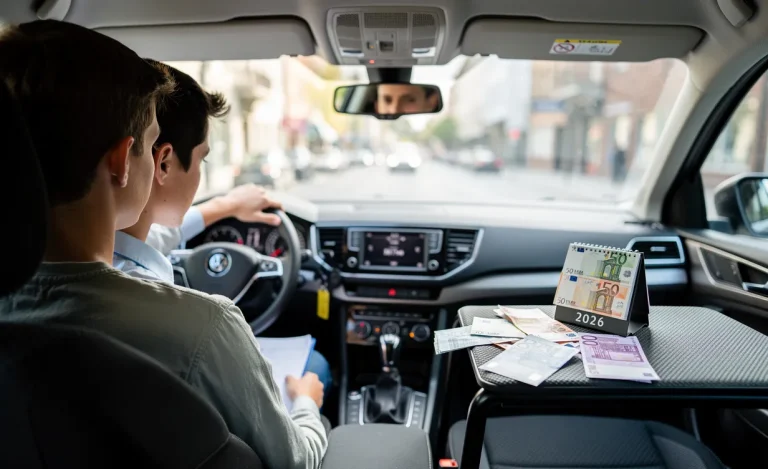 Un adolescent en apprentissage de la conduite est assis à côté d’un instructeur dans une voiture moderne, avec des billets en euros et un petit calendrier de 2026 posés sur le tableau de bord sous la lumière du jour.