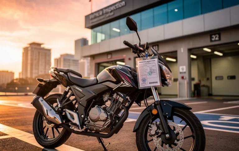 Une moto 125cc stationnée dans un centre d’inspection moderne avec un certificat technique visible sur le guidon, sur fond de ville au coucher du soleil.