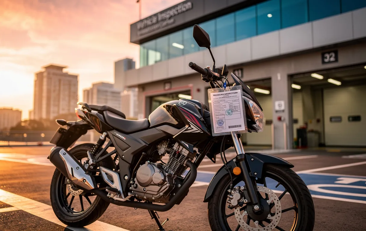 Une moto 125cc stationnée dans un centre d’inspection moderne avec un certificat technique visible sur le guidon, sur fond de ville au coucher du soleil.