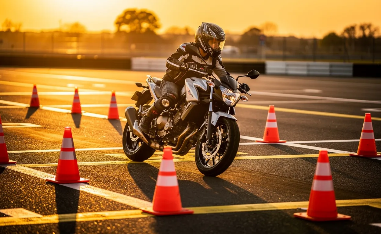 Un jeune motocycliste concentré suit un parcours balisé par des cônes sur une aire d’examen déserte au coucher du soleil.