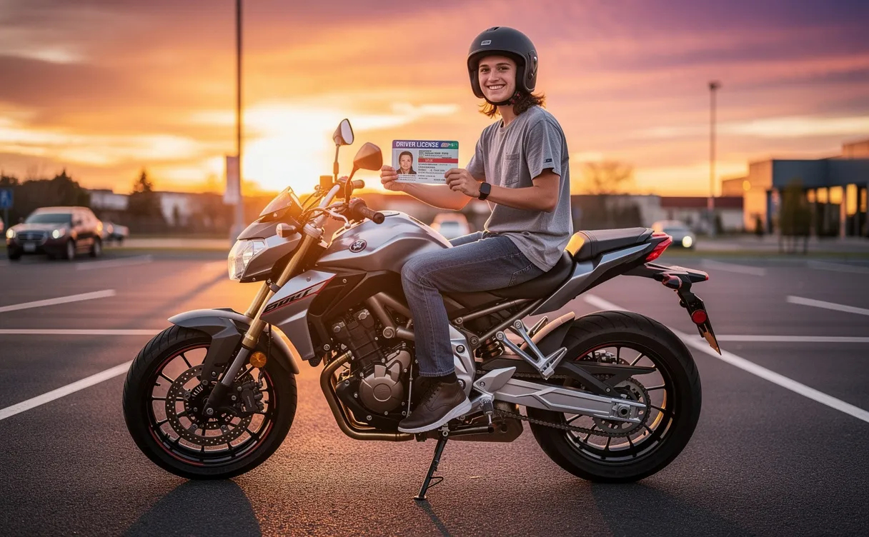 Un jeune adulte assis sur une moto moderne tient un document officiel dans un parking au coucher du soleil.