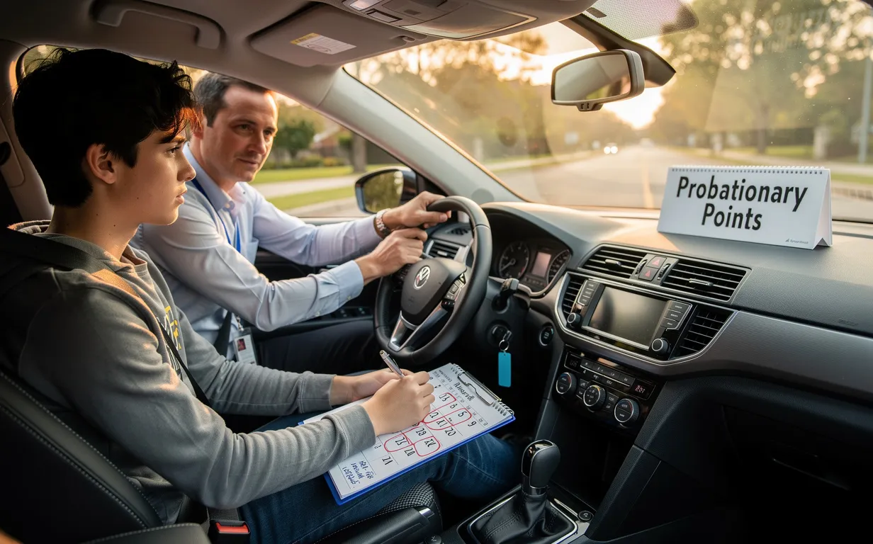 Un jeune conducteur et un instructeur sont assis dans une voiture moderne près d’un panneau « Points de probation », avec un calendrier officiel posé sur le tableau de bord sous une lumière douce.