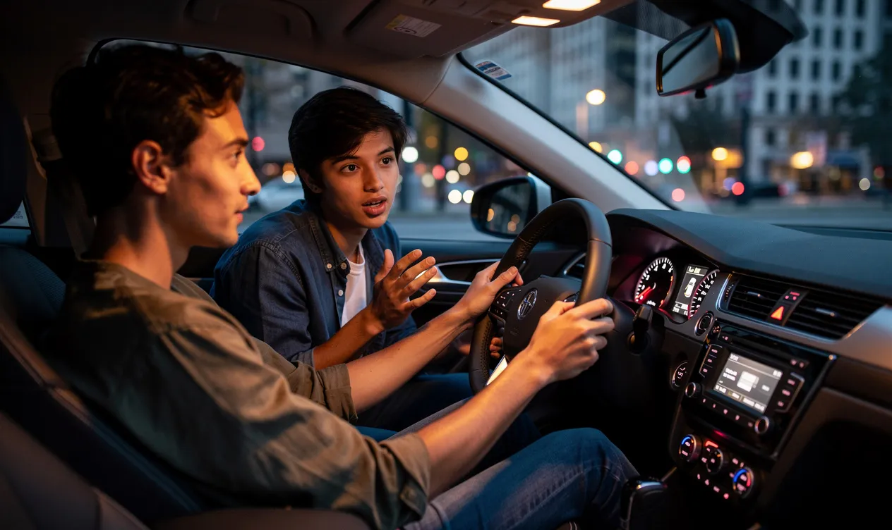 Un jeune conducteur est assis au volant d’une voiture au crépuscule, accompagné d’un adulte encourageant, avec des lumières de la ville visibles à travers les vitres.