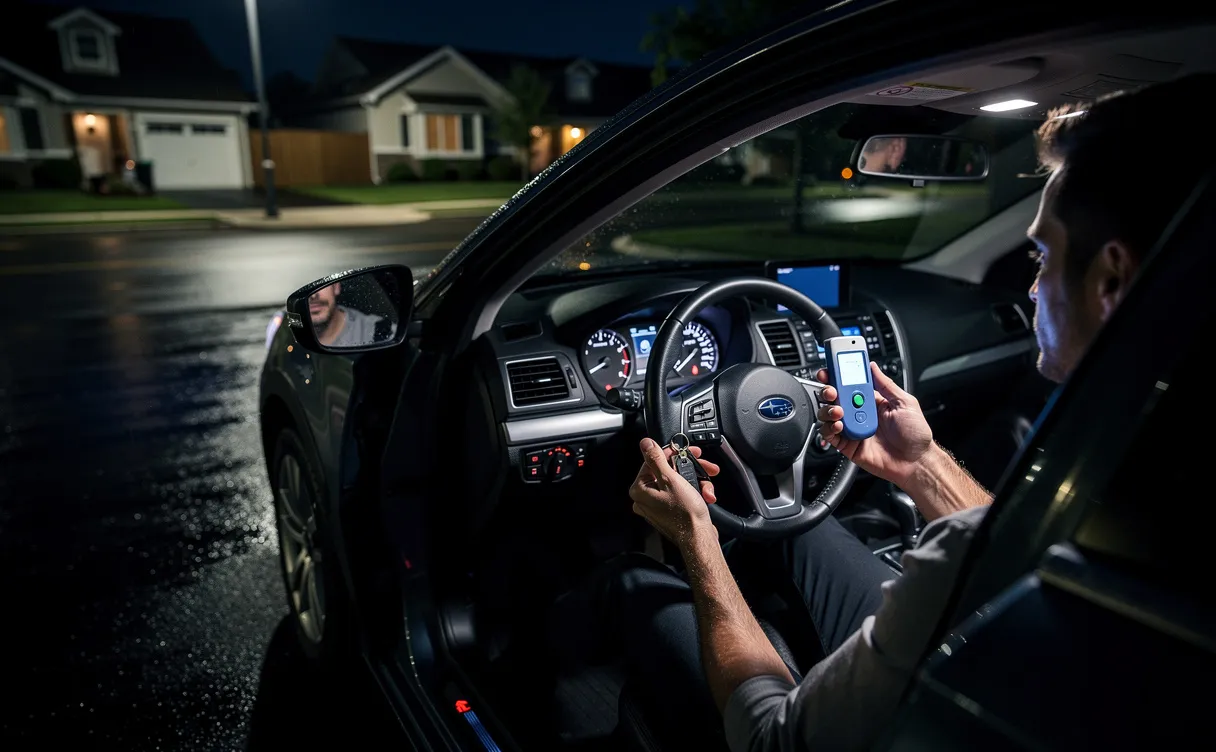 Un adulte sobre tient des clés de voiture et un éthylotest dans une voiture garée de nuit sur une rue résidentielle calme, le tableau de bord faiblement éclairé.