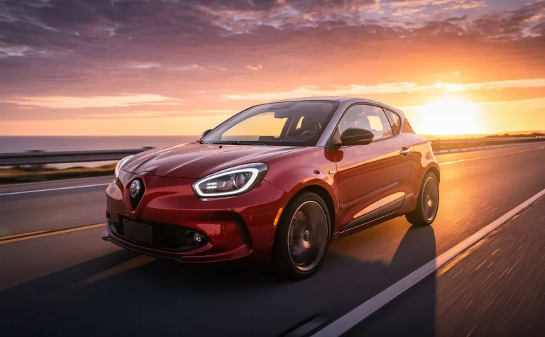 Une voiture de sport compacte roule à vive allure sur une route dégagée au coucher du soleil, avec des reflets colorés sur sa carrosserie moderne.