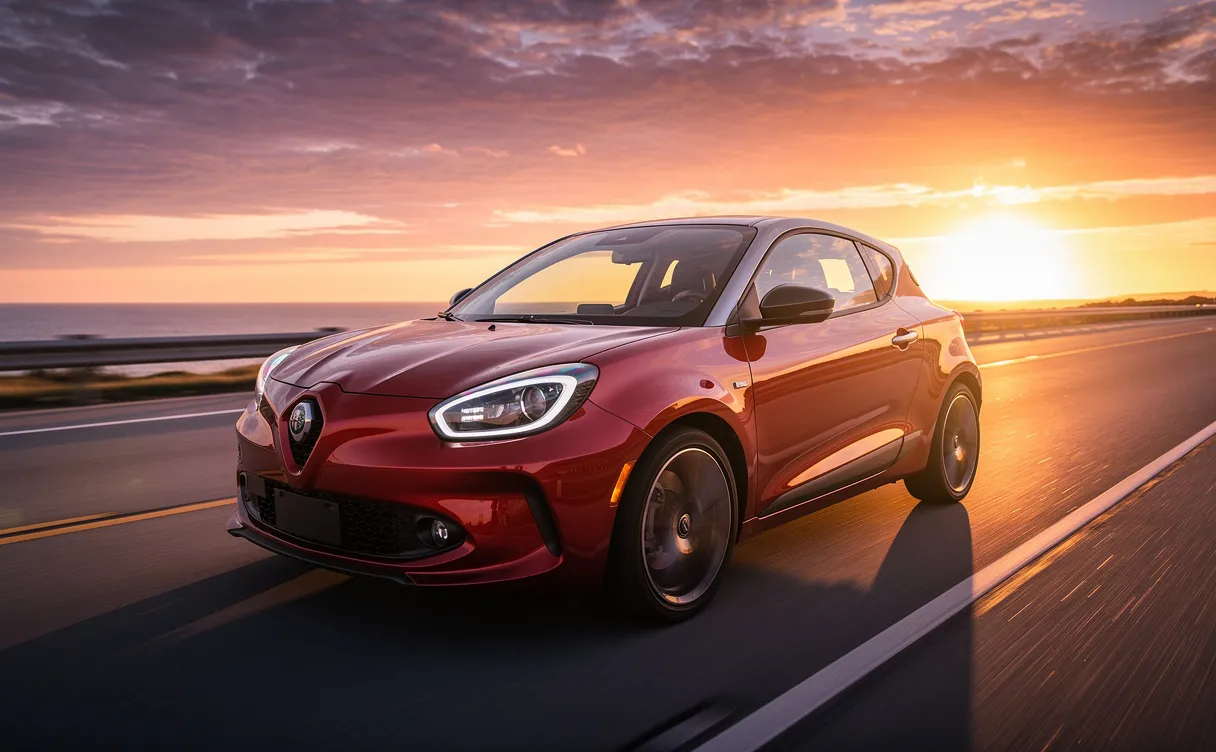 Une voiture de sport compacte roule à vive allure sur une route dégagée au coucher du soleil, avec des reflets colorés sur sa carrosserie moderne.