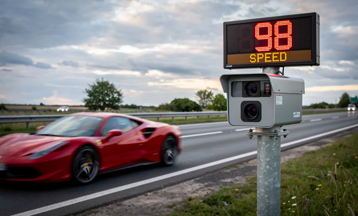 Un radar moderne prend en photo une voiture de sport rouge floue en excès de vitesse près de la route sous un ciel nuageux.