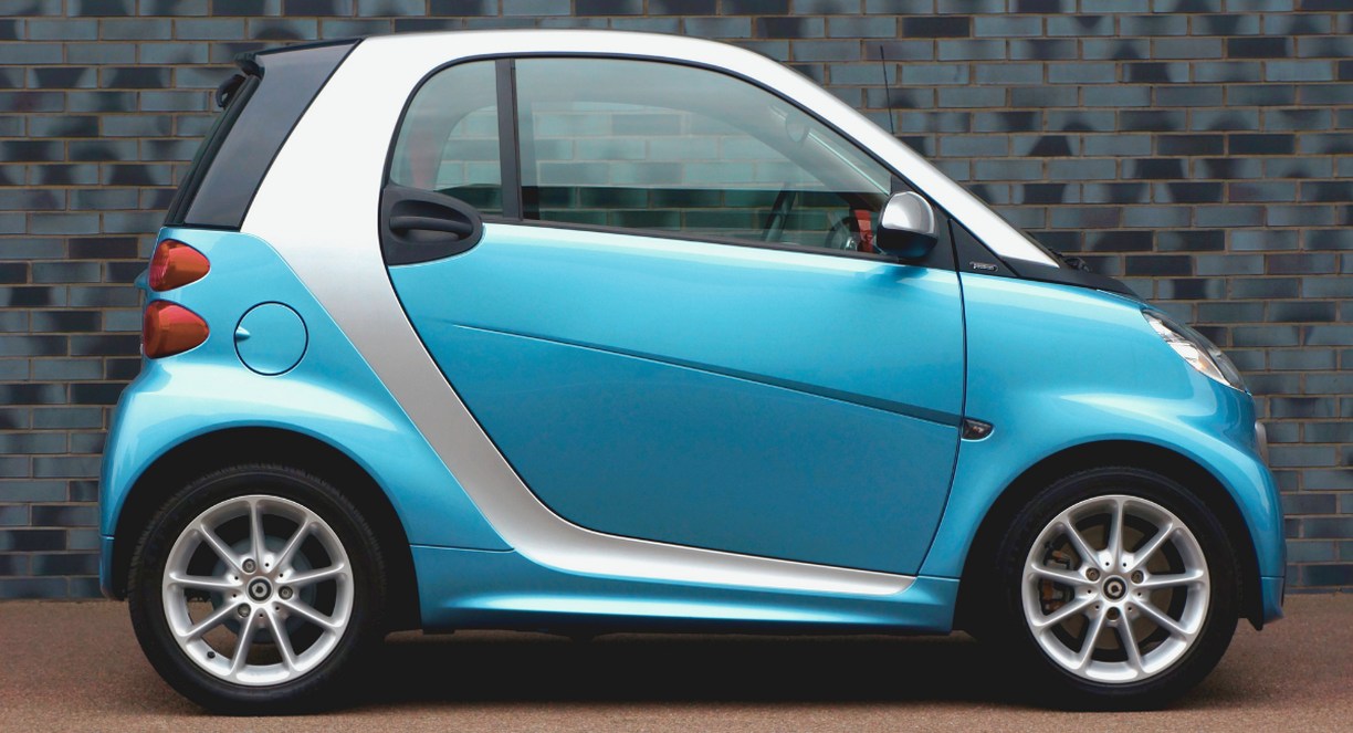 Petite voiture urbaine bleue et blanche avec jantes alliage sport